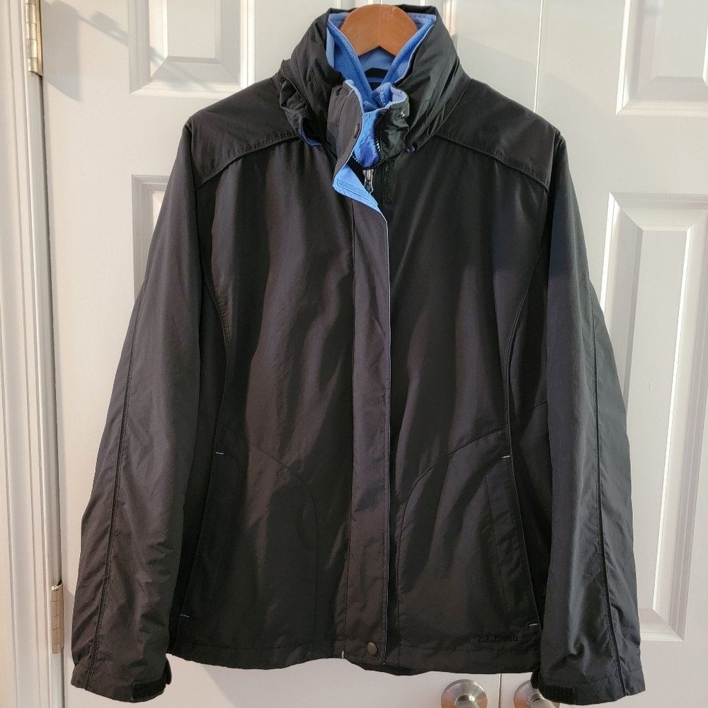 L.L. Bean Fleece Lined‎ Jacket Windbreaker Mens XL Black Blue Hooded